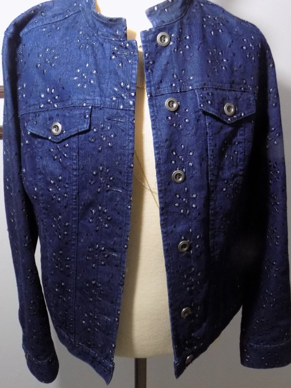 Charter Club Blue Denim Eyelet Embroidered Jacket Band Collar